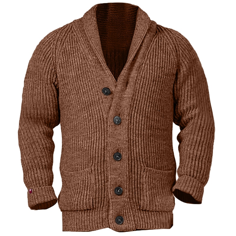 Men's Cardigan Sweater Cropped Sweater Knit Sweater Ribbed Knit Regular Button Up Plain Shawl Collar Warm Ups Modern Contemporary Casual Daily Wear Clothing Apparel Fall Winter Black Brown M L XL3