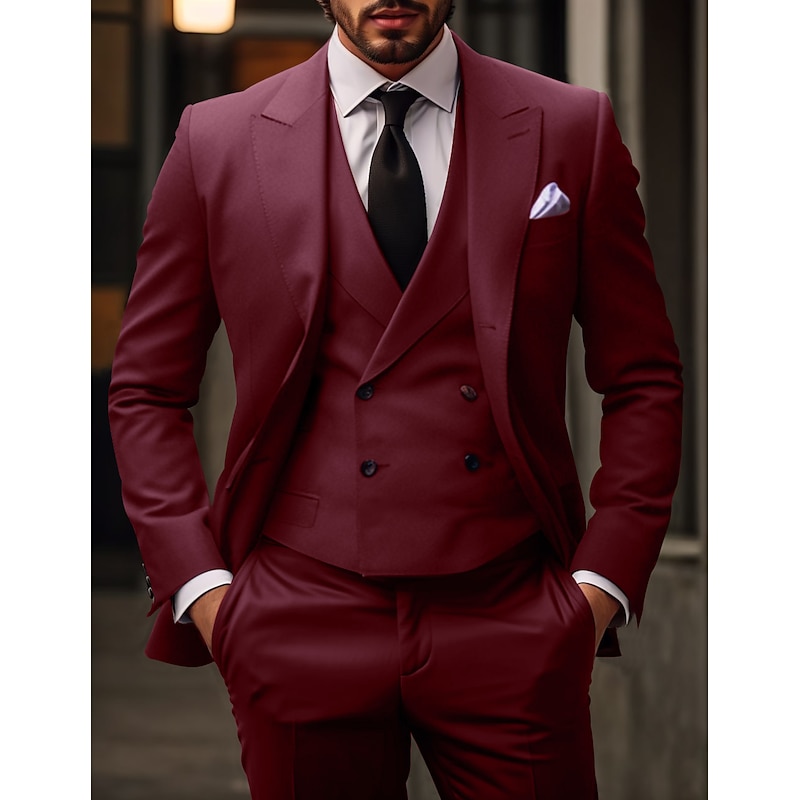 Men's Wedding Christmas Suits Peak Red Burgundy Daily Business Solid Colored Slim Fit 3 Piece Single Breasted Two-buttons4