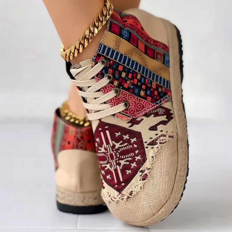 Women's Bohemian Lace-Up Sneakers – Ethnic Print Canvas Casual Shoes with Woven Sole, Lightweight & Comfortable Walking Shoes for Daily Wear & Travel2
