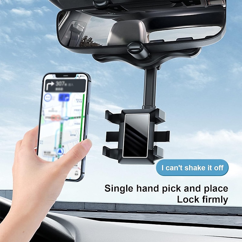 Multifunctional 360 Rotatable Car Rearview Mirror Phone Holder Mount Multifunctional Rearview Mirror Phone Holder Adjustable Universal Cell Phone Holder for Car Compatible All Smartphones