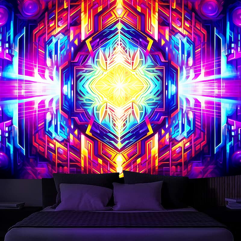 Blacklight Tapestry UV Reactive Glow in the Dark Glow Party Neon Trippy Misty Colorful Mandala Hanging Tapestry Wall Art Mural for Living Room Bedroom