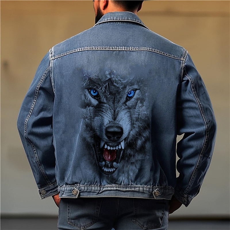 Men's Animal Wolf Coat Jean Jacket Denim Jacket Comfortable Breathable Casual Sports & Outdoor Going out Weekend Buttons Print Fall & Winter Turndown Long Sleeve Black Blue2