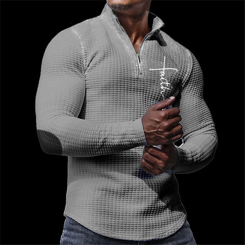 Men's Waffle Polo Shirts Golf Polos Shirts Long Sleeve Polo Shirts Turndown Zip Casual Daily 3D Print Fall & Winter Black White Apricot4