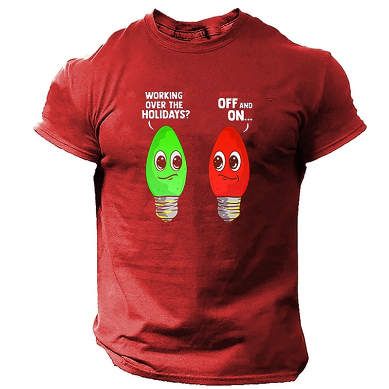 Men's Short Sleeve Graphic T-Shirt, Funny Holiday Work 'Off and On' Light Bulb Pun4