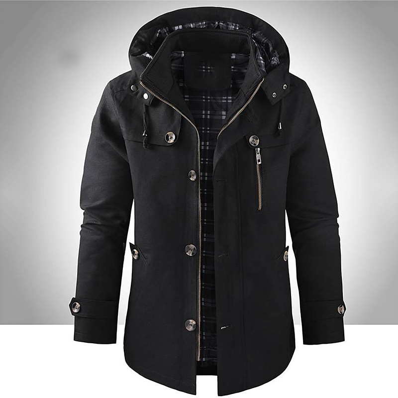 Men's Outdoor Daily Wear Warm Button Pocket Fall Winter Plain Fashion Streetwear Hooded Regular Black Brown Beige Jacket3