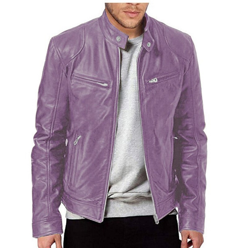 Male Faux Leather Jacket Transition Jacket Biker Jacket Outdoor clothing Casual Daily Windproof Buttons Fall & Winter Zipper Casual Crew Neck Regular Faux Leather Silver Golden Black White Yellow4