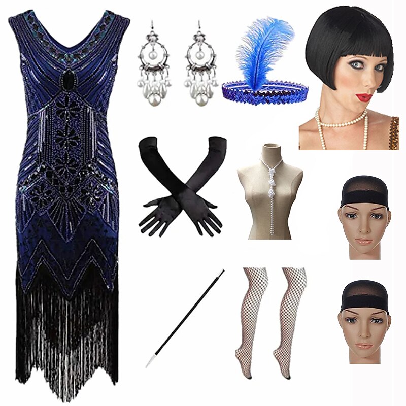 Set with Flapper Dress Bob Wig Headband Gloves Necklace Cigarette Holder 2* Wig Caps Women's Roaring 20s 1920s Cocktail Masquerade Outfits The Great Gatsby Christmas Attire Party3