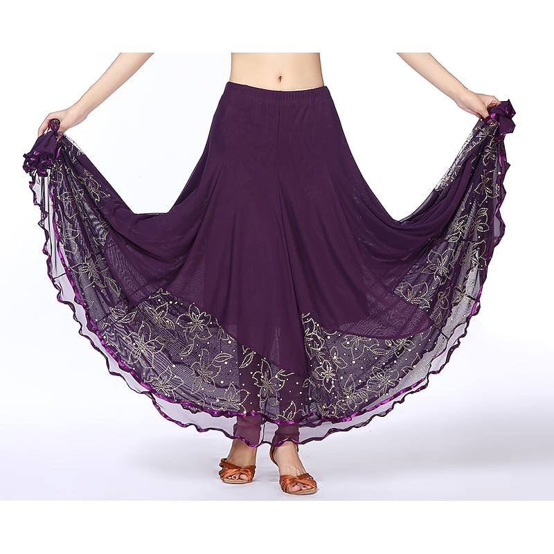 Ballroom Dance Skirts Printing Pure Color Ruffle Women's Performance Training Sleeveless High Polyester3