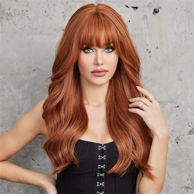 22inch Soft And Nature Long Curly Wigs Light Brown Wigs With Bangs Wigs For Women For Daily Life3