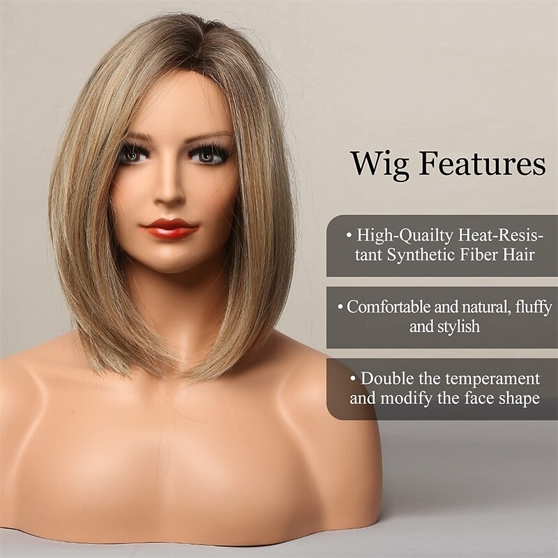 Ash Blonde Bob Wig Short Hair Side Parting Wig Hand-Tied Hairline Shoulder Length Ombre Wig Natural Looking Synthetic Ladies Wig4