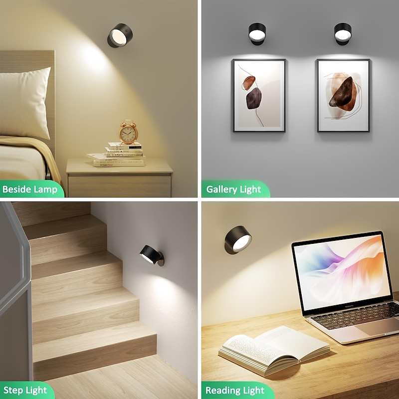 LED Wall Lights 2 Pcs with Remote, Sensor Puck Lamp 3000mAh Rechargeable Battery Operated, Tri-Color Dimmable Magnetic 360° Rotation Cordless Light for Bedroom Bedside3
