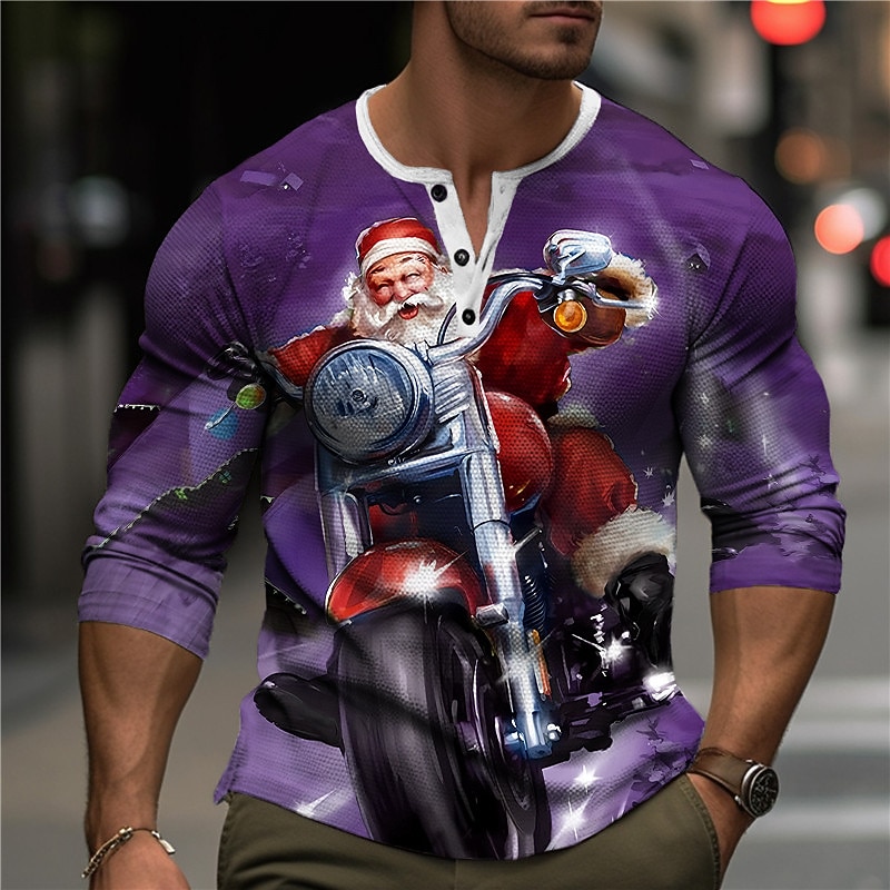 Christmas Men's Santa Claus Henley T Shirt Graphic Santa Claus Motorcycle Fashion Designer Casual 3D Print Henley Waffle Sports Outdoor Holiday Festival Blue Purple Orange Long Sleeve Henley Spring4