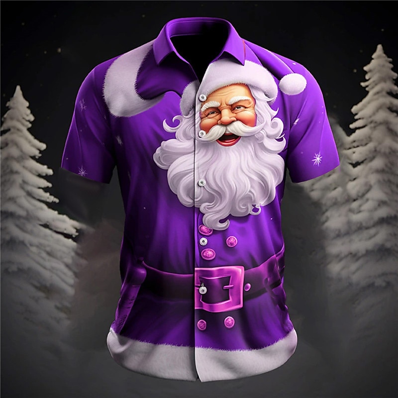 Christmas Men's Santa Claus Printed Shirts Santa Claus Casual Daily Wear Going out Weekend Autumn / Fall Turndown Short Sleeves Burgundy, Purple, Green S, M, L 4-Way Stretch Fabric Christmas2