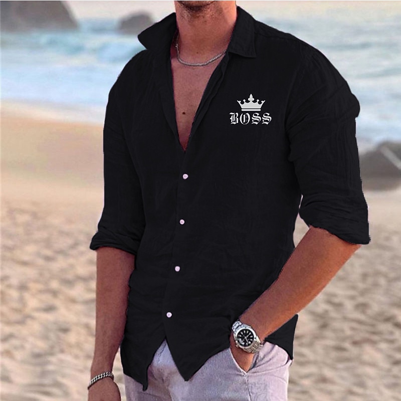 Men's Shirt Linen Shirt Beach Shirt Tiaras & Crowns Outdoor Vacation Black White Pink Blue Long Sleeve Lapel Spring &  Fall Clothing Apparel Print3