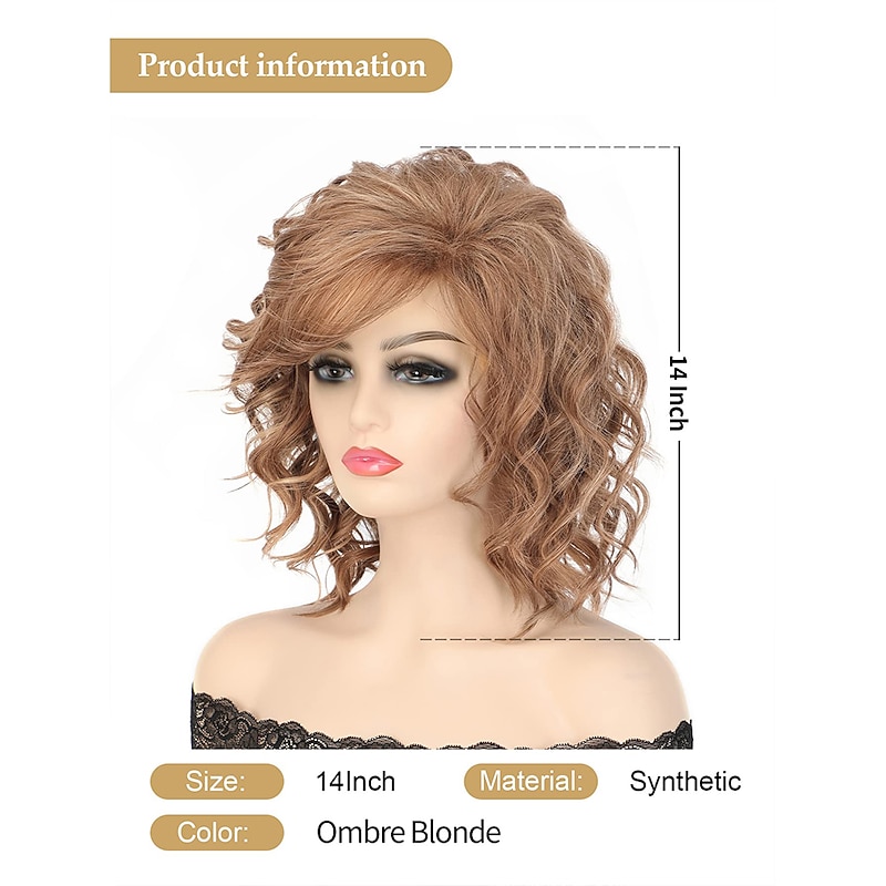 14 inch Short Curly Wavy Bob Wigs for Women Ombre Blonde Wavy Wigs with Side Bangs Synthetic Hair Wig4