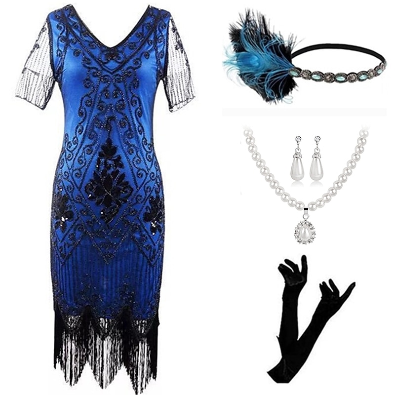 Retro Vintage Roaring 20s 1920s Flapper Dress Outfits Accessories Set The Great Gatsby Wedding Guest Sequins Tassel Fringe Sequin Tassel V Neck Fancy Dress Women's Halloween Carnival Masquerade