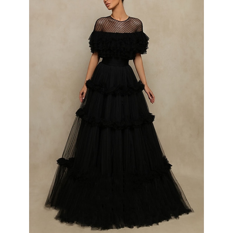 A-Line Prom Dresses Elegant Dress Formal Floor Length Short Sleeve Jewel Neck Tulle with Pleats Ruffles