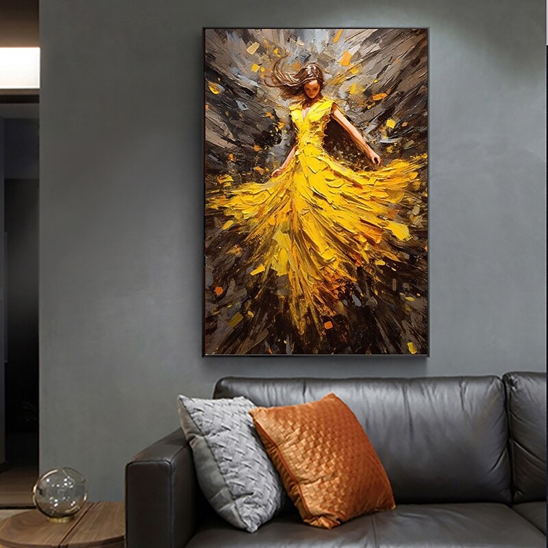 Handmade Oil Painting Canvas Wall Art Decoration Abstract Figure Portrait Dancing Girls in Yellow Dresses for Home Decor Rolled Frameless Unstretched Painting2