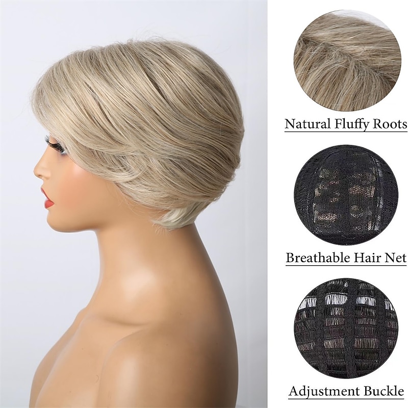 Short Highlight Blonde Pixie Cut Wigs for Black Women Bleach Blonde Bob Layered Side Part Wig with Curtain Bangs for Women Synthetic Light Blonde Bob Shaggy Wig 613 Blonde Pixie Cut Wig4