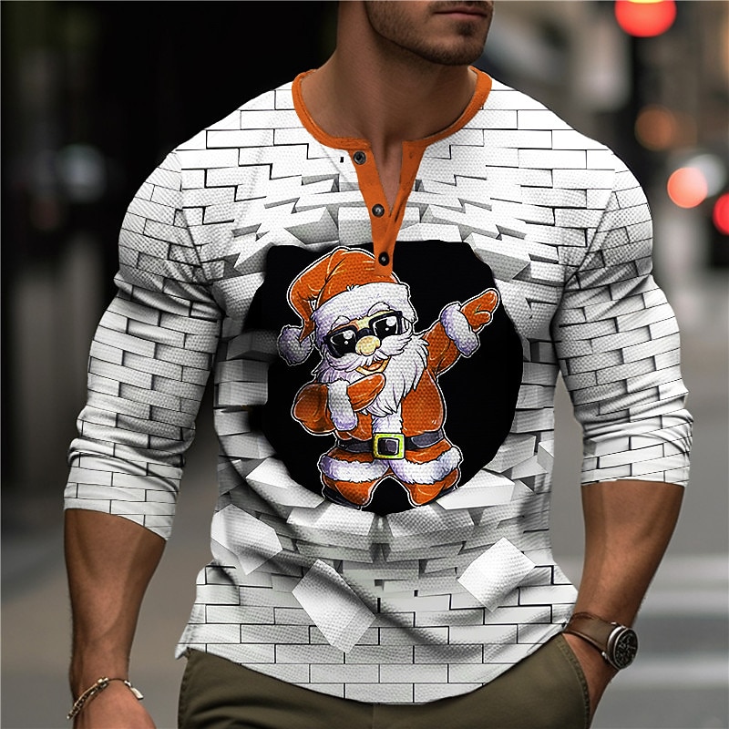Christmas Men's Santa Claus Henley T Shirt Graphic Santa Claus Geometic Fashion Designer Casual 3D Print Henley Waffle Sports Outdoor Holiday Festival Red Blue Orange Long Sleeve Henley Spring2