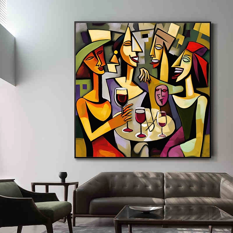 Picasso style Abstract Girl Happy Family drinking Handpainted Oil Painting on Canvas Modern Nordic Figure Handmade Wall Art Picture Living Room Decoration No Frame2
