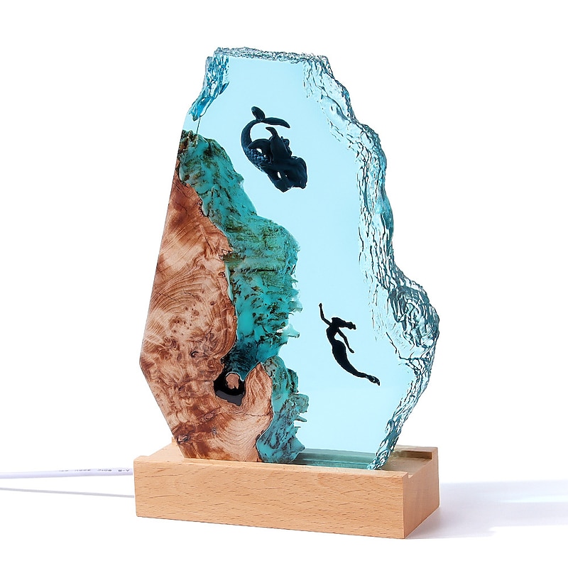 Manta Rays and Couple Diver Resin Night Light Mermaid Whale Office Desktop Art Ornaments Shipwreck Octopus Christmas Gift Solid Wood Resin Night Lamp4