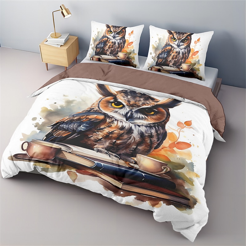 Owl Pattern Duvet Cover Set Bed Bed Set 2-Piece Set 3-Piece Lightweight Soft Short Plush Set Cotton Bedding Set Ultra Soft Comforter Set King Queen Duvet Cover3