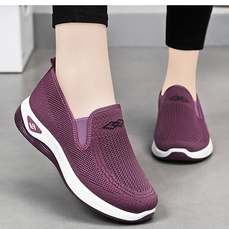 Women's Sneakers Comfort Shoes Outdoor Solid Color Summer Flat Heel Round Toe Fashion Sporty Casual Walking Tissage Volant Elastic Band Wine Black Dark Purple2