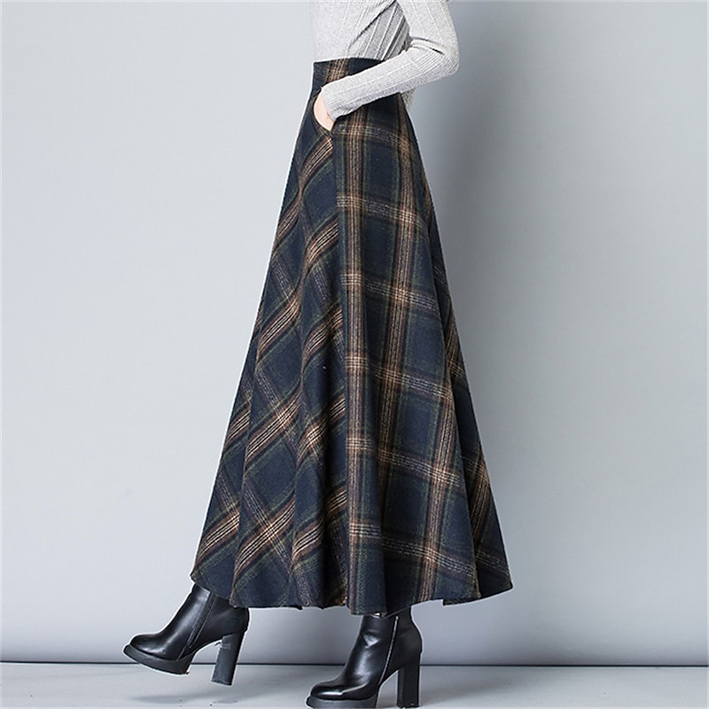 Women's A Line Plaid Skirt Maxi High Waist Skirts Pocket Long Color Block Plaid Checkered Daily Date Spring &  Fall Twilled Satin Elegant Retro Vintage Blue Grey4