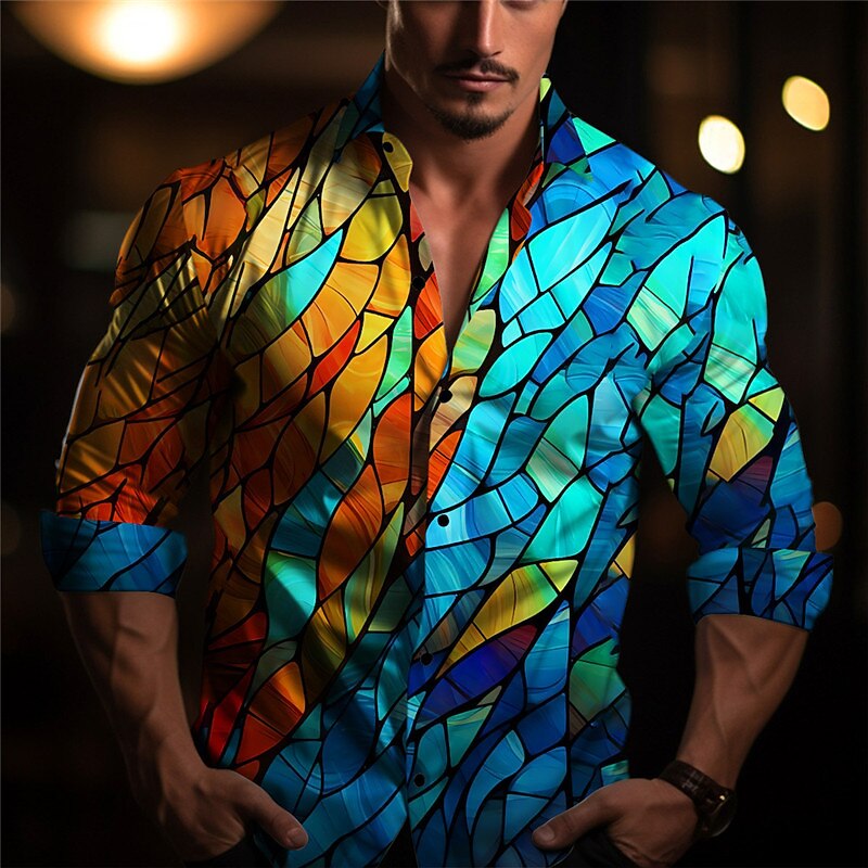 Men's Colorful Color Block Christmas Scene Shirt Long Sleeve Artistic Abstract Daily Wear Going out Fall & Winter Turndown Print Button-Down Yellow Purple