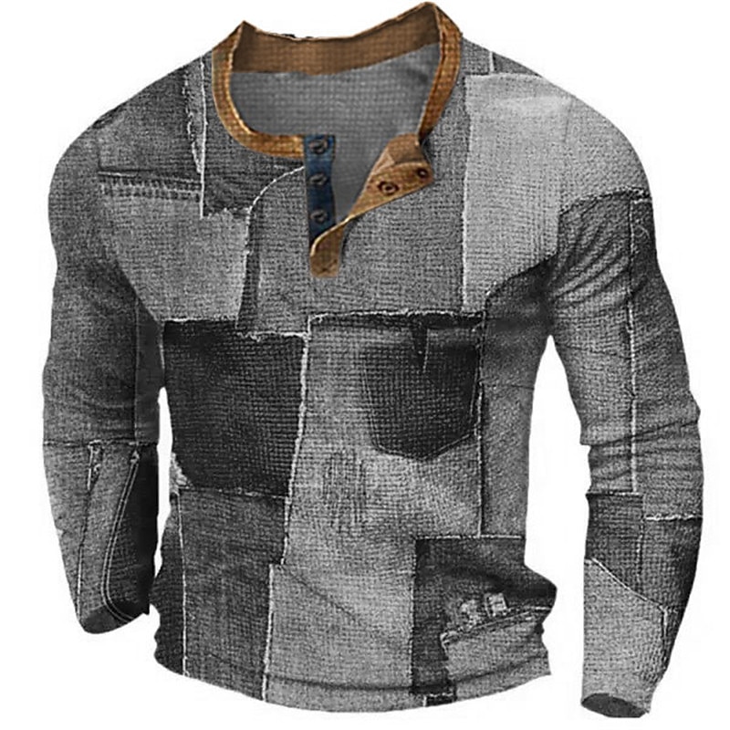 Men's Graphic Color Block Patchwork Henley Shirt Waffle T Shirt Long Sleeve 3D Print Fashion Designer Casual Sports Outdoor Holiday Festival Spring &  Fall Blue Brown Green Gray Henley Henley T-Shirt2