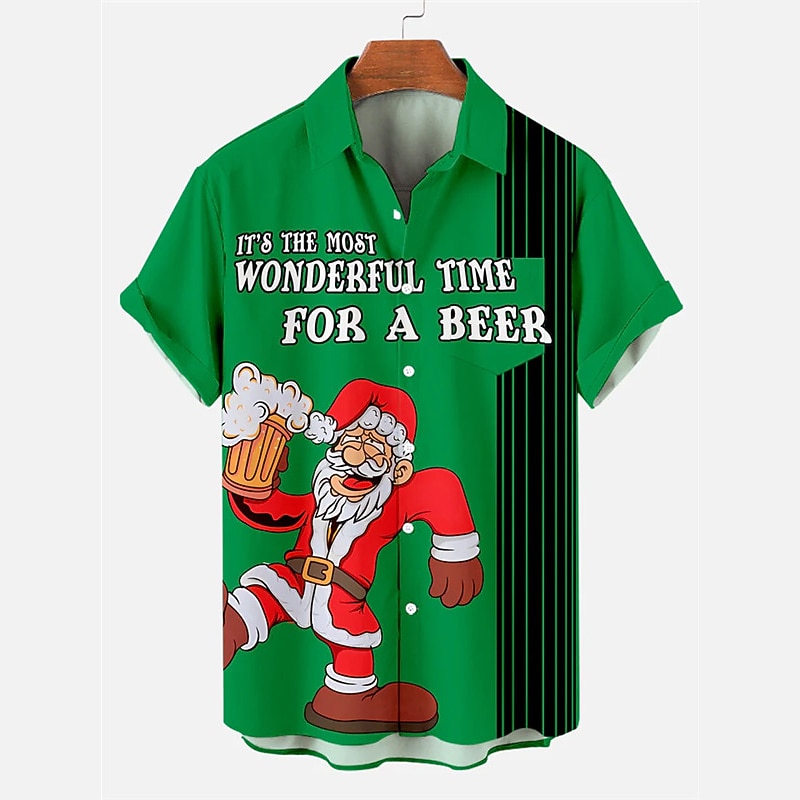 Christmas Men's Funny Christmas Printed Shirts Santa Claus Beer Casual Daily Wear Going out Weekend Autumn / Fall Turndown Short Sleeves Black, Burgundy, Green S, M, L 4-Way Stretch Fabric Christmas4