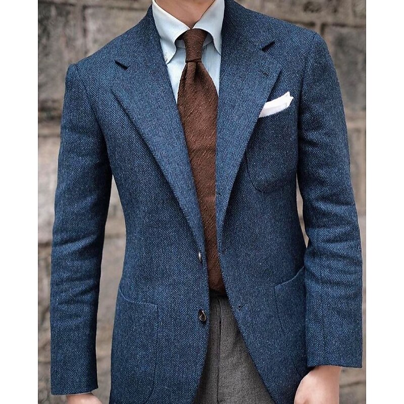 Men's Tweed Blazer Notch Collar Retro Vintage Herringbone Blazer Blue Plus Size Single Breasted Two-buttons