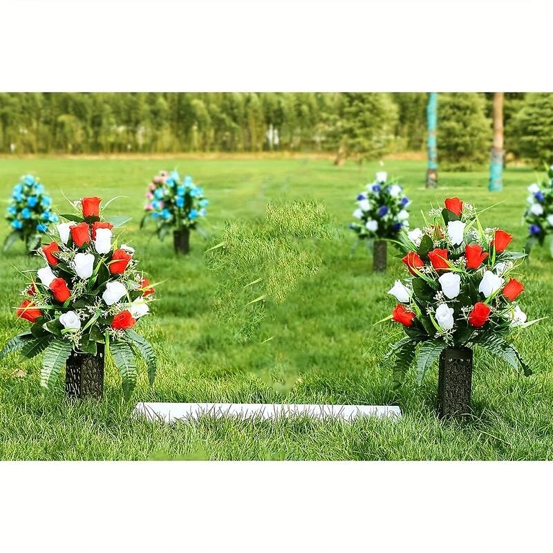 1pc Artificial Cemetery Flowers, Rose Flowers, Outdoor Grave Decorations Roses, Lasting & Non-Bleed Colors, Red & White, Without Cemetery Vase4