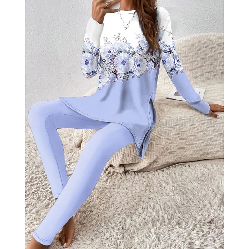 Women's Fashion T Shirt Pants Sets Pants Trousers Long Sleeve Round Neck Floral Print Casual Daily Pink Blue Spring &  Fall Regular Fit2