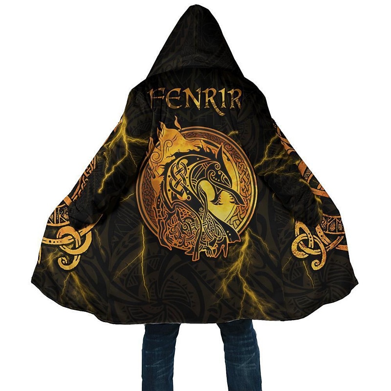 Men's Dragon Totem Winter Coat Fleece Jacket Coat Thermal Warm Abstract Gothic Daily Wear Going out Pocket Print Fall & Winter Hooded Long Sleeve Yellow Blue Orange2