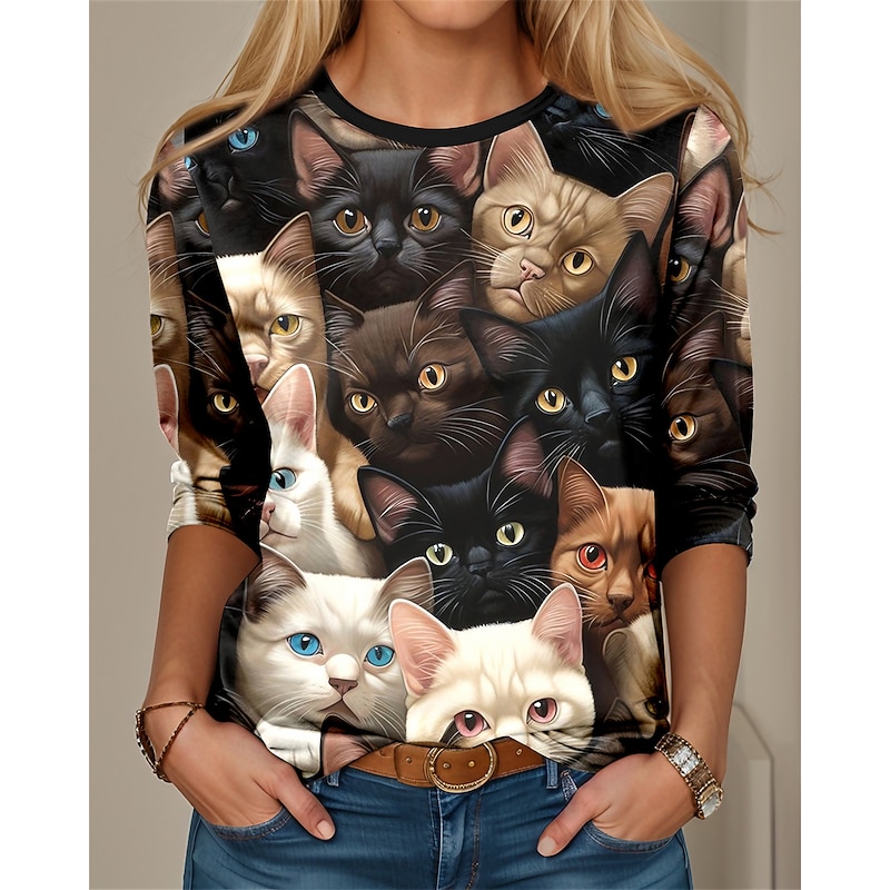 Women's T shirt Crew Neck Long Sleeve Tunic Cat 3D Funny Round Neck Regular Tops Daily Weekend Print Black Blue Spring & Fall