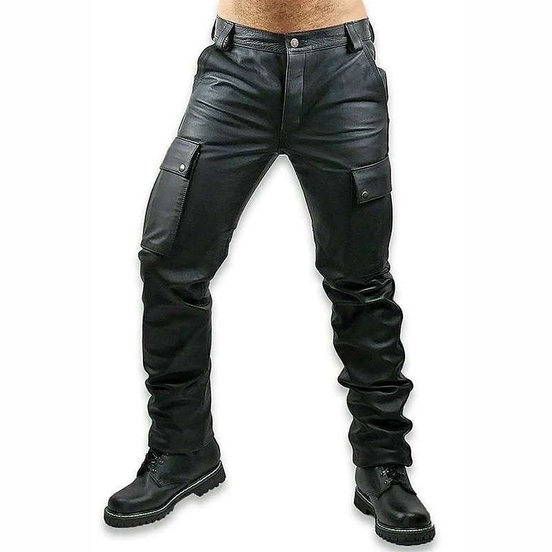 Men's Trousers Faux Leather Pants Casual Pants Pocket Plain Comfort Soft Outdoor Daily Going out Fashion Casual Black
