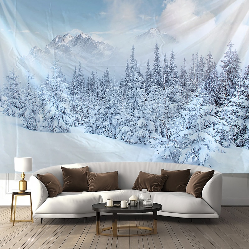 Snow Window View Landscape Hanging Tapestry Wall Art Mountain Large Tapestry Mural Decor Photograph Backdrop Blanket Curtain Home Bedroom Living Room Decoration2