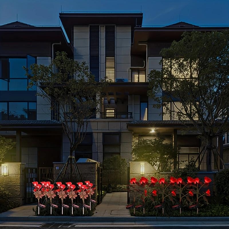 Solar Garden Rose Lights, Valentines Realistic LED Rose Flower Cemetery Decorations Stake Lights for Garden, Courtyard, Yard And Grave Decorative, Waterproof (Red, With 3 Lighted Flower Heads)4