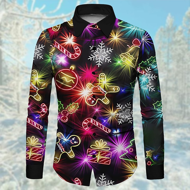 Christmas Men's Christmas Light Printed Shirts Gingerbread Pattern Casual Daily Wear Going out Fall & Winter Turndown Long Sleeve Black, Army Green, Red S, M, L 4-Way Stretch Fabric Christmas