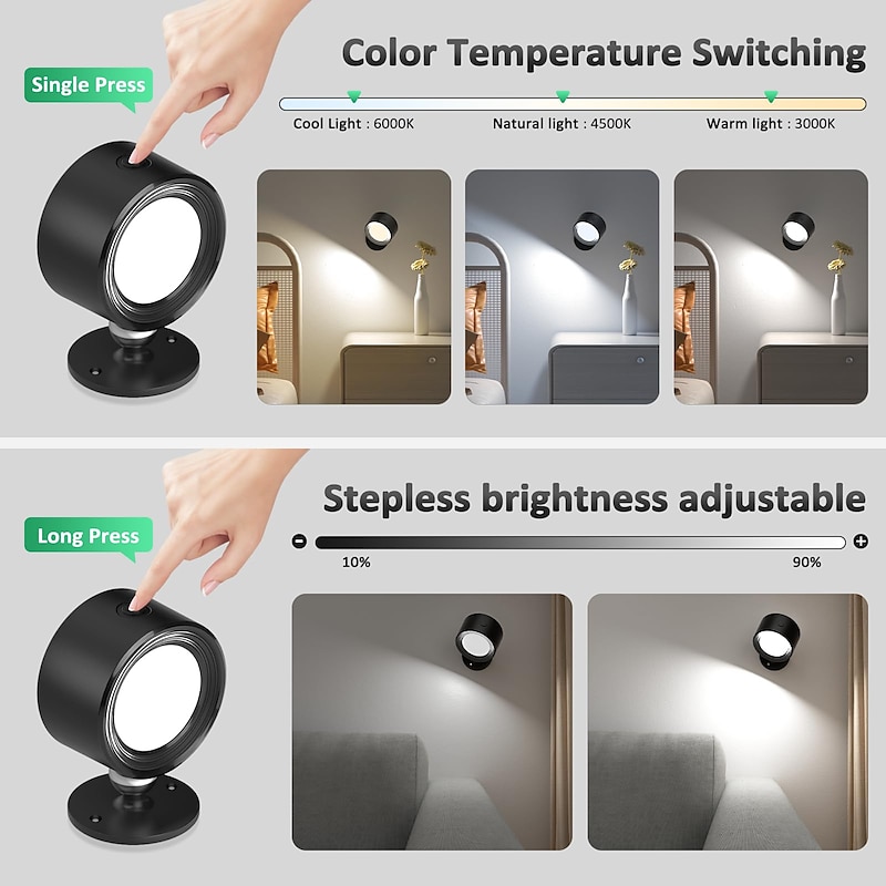LED Wall Lights 2 Pcs with Remote, Sensor Puck Lamp 3000mAh Rechargeable Battery Operated, Tri-Color Dimmable Magnetic 360° Rotation Cordless Light for Bedroom Bedside2