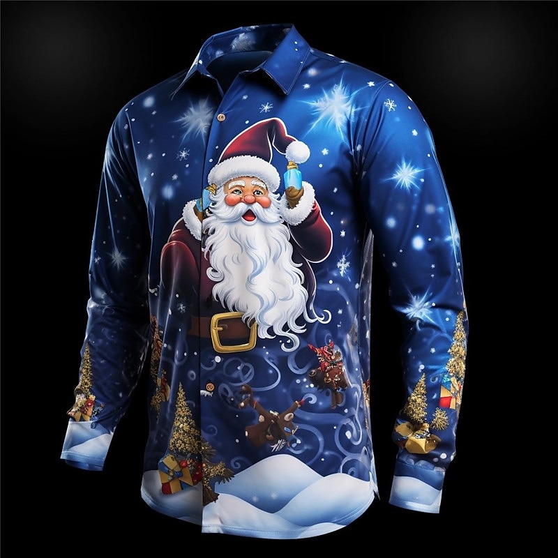 Christmas Men's Santa Claus Printed Shirts Santa Claus Casual Daily Wear Going out Fall & Winter Turndown Long Sleeve Navy Blue, Royal Blue, Blue S, M, L 4-Way Stretch Fabric Shirt4