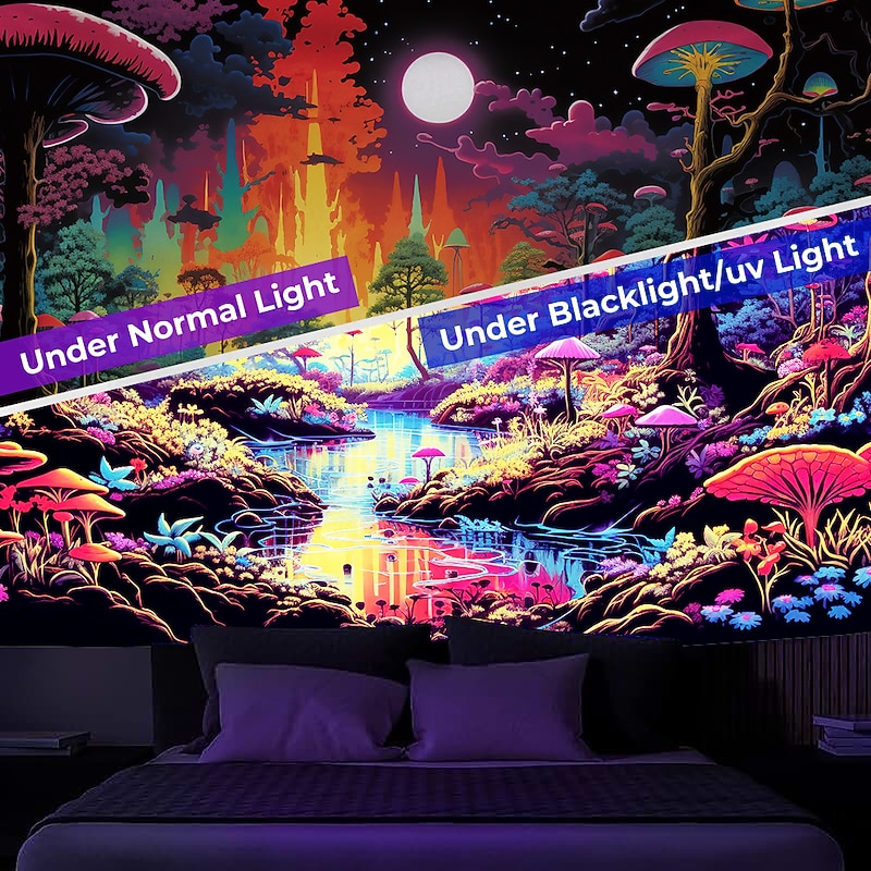 Blacklight Tapestry UV Reactive Glow in the Dark Glow Party Neon Trippy Misty Forest Mushroom Hanging Tapestry Wall Art Mural for Living Room Bedroom2