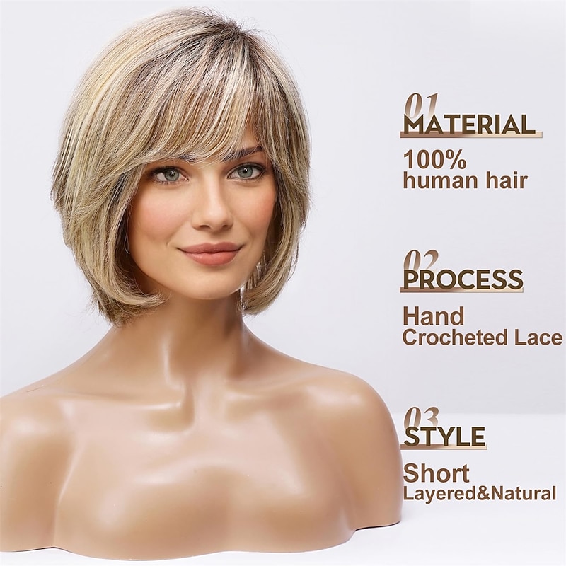 Short Ombre Blonde Wig for Women Hand-Tied Lace Front Human Hair Wig Layered Bob Wig with Bangs Blonde Mixed Brown Natural Wig for Daily Use2