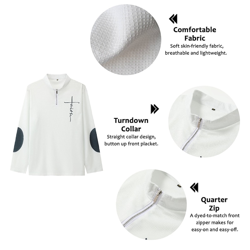 Men's Waffle Polo Shirts Golf Polos Shirts Long Sleeve Polo Shirts Turndown Zip Casual Daily 3D Print Fall & Winter Black White Apricot2