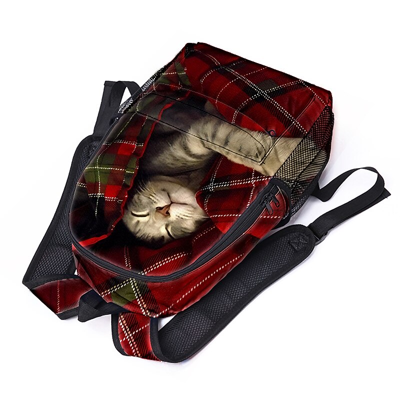 Large Capacity Animal Cat Print Backpack with Red Plaid Design – Cute and Durable Back to School or Travel Bag in 2 Colors4