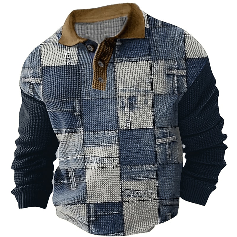 Men's Plaid Waffle Polo Shirts Golf Shirt Long Sleeve Polo Shirts Collared Shirts Vintage Casual Vacation Wear Formal Wear Festival Wear Buttons 3D Print Fall & Winter Black Blue Khaki