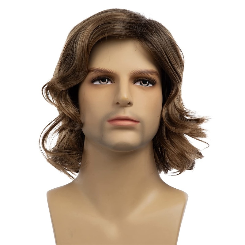 Mens Brown Wig Short Curly Side Part Synthetic Hair Replacement Wig for Daily Party Costume Halloween2