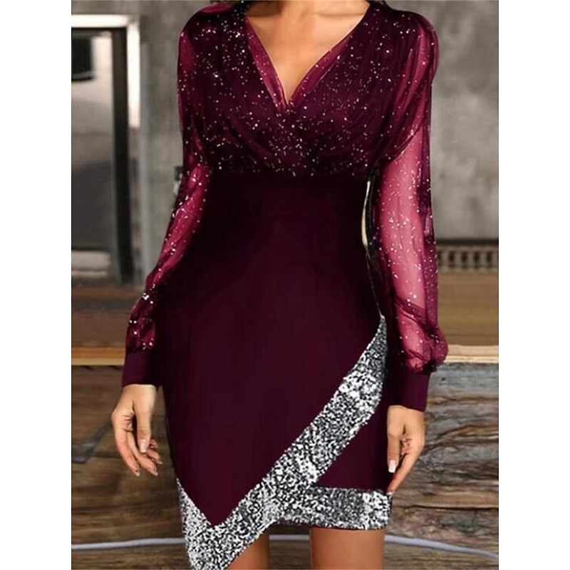 Women's Mini Dress Black Dress Sequin Dress Party Dress Cocktail Dress Fashion Party Modern Formal Winter Dress Vacation Regular Fit Pure Color Long Sleeve V Neck Black Wine Spring Fall Winter Autumn3